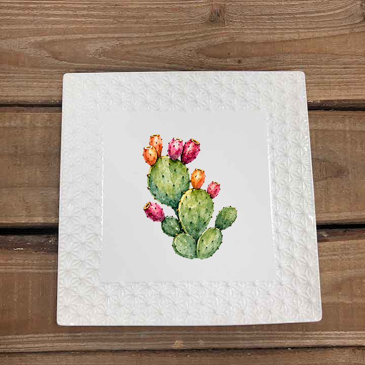 White 7 Inch Square Ceramic Serving Platter Fichi D'India Sicilian Theme Design