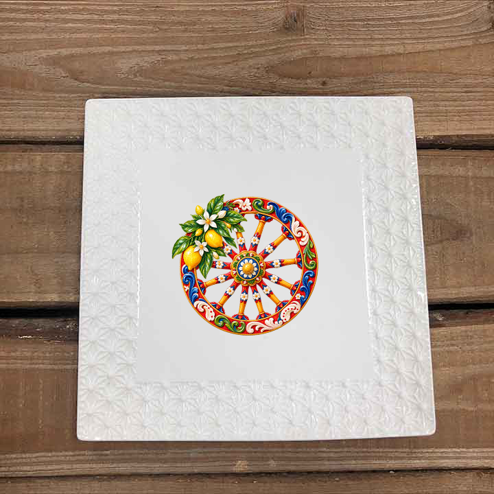 LC566S White Ceramic Square Serving Platter With Sicilian theme Decor 7 Inch