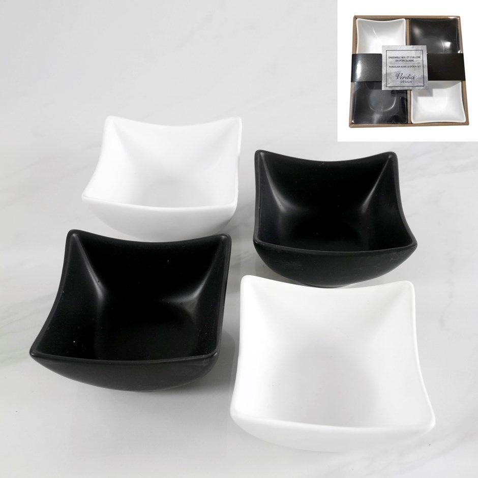 Set of 4 White Ceramic Bowls and 4 spoons
