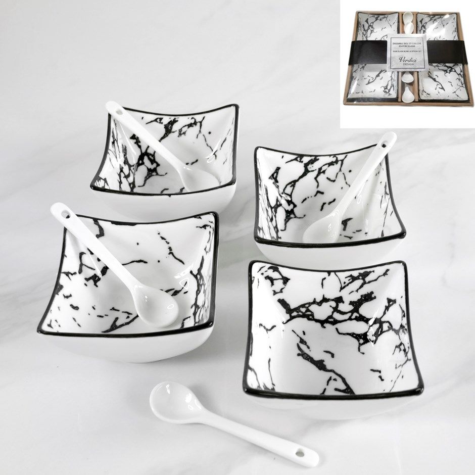 Set of 4 White Ceramic Bowls and 4 spoons
