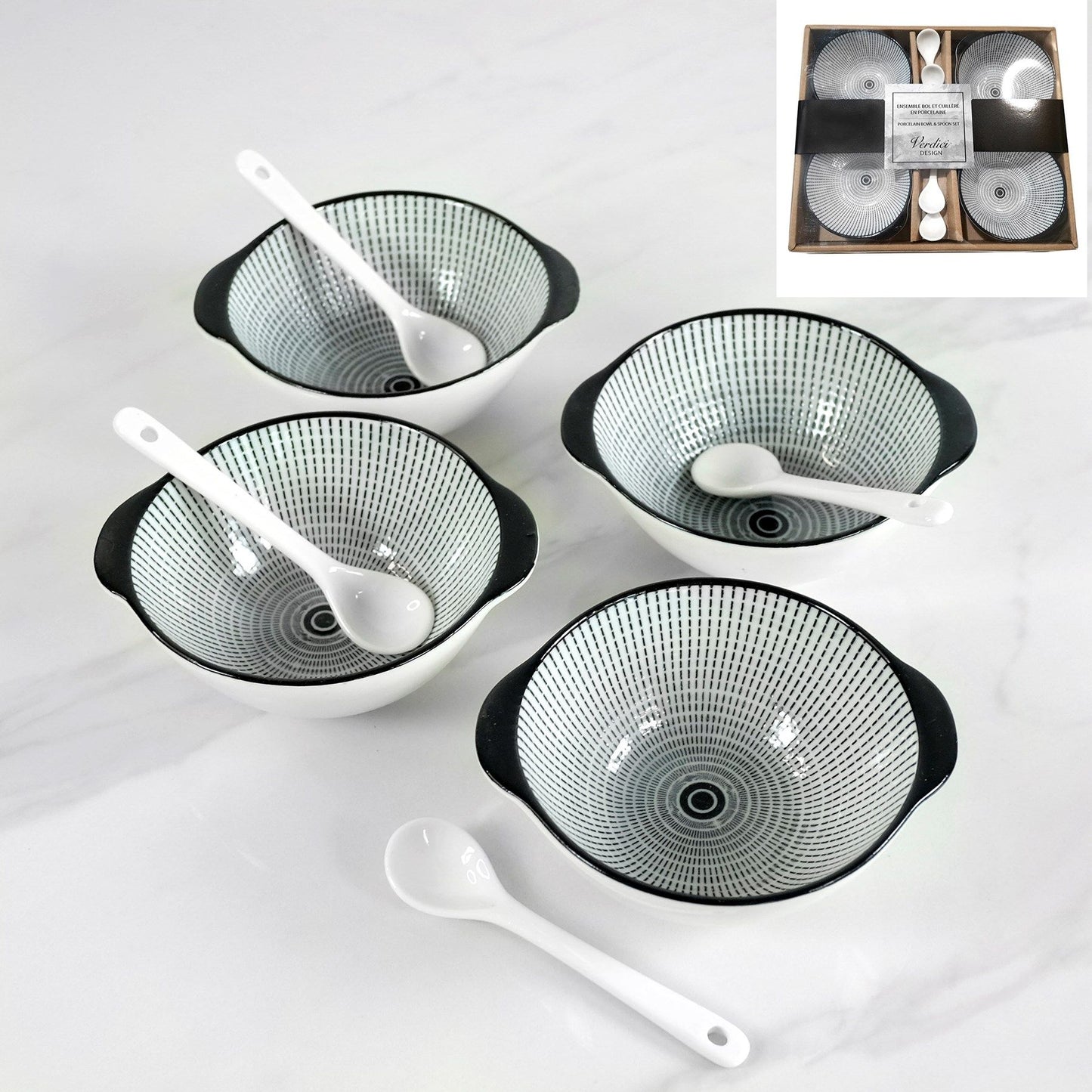 Set of 4 White Ceramic Bowls and 4 Spoons