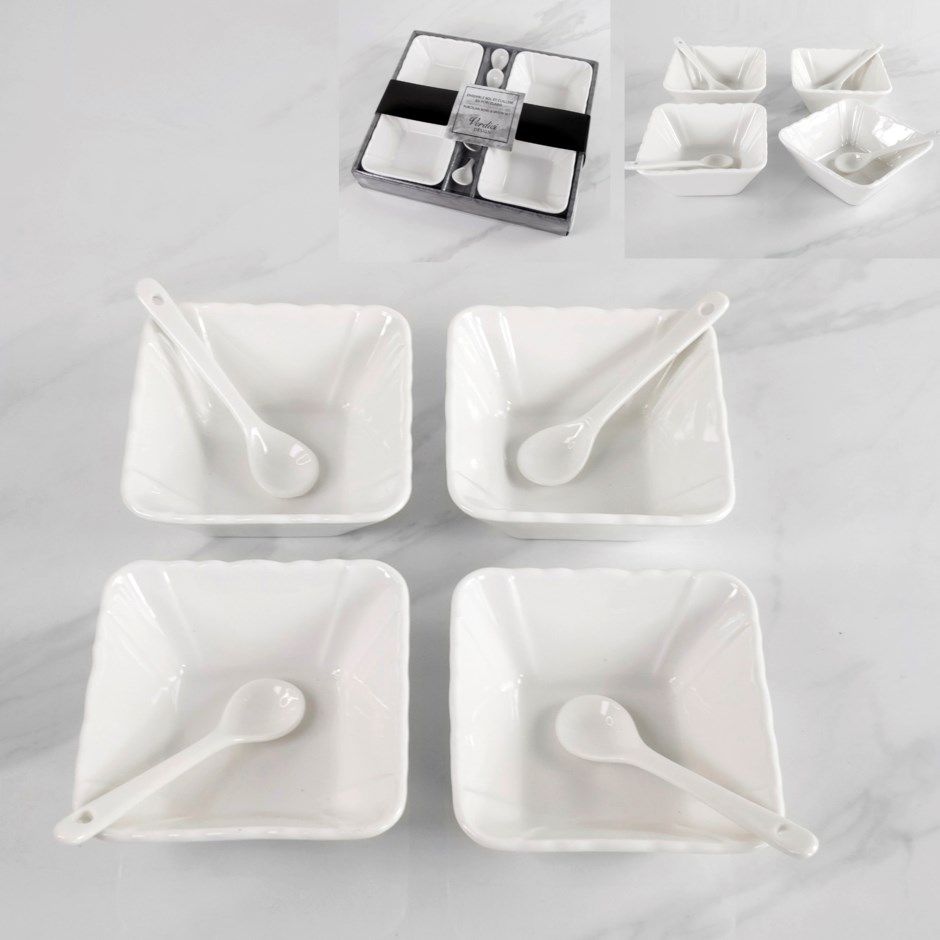 Set of 4 White Ceramic Bowls and 4 Spoons