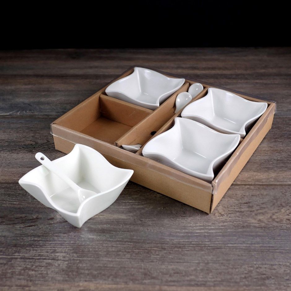 Set of 4 White Ceramic Bowls and 4 Spoons