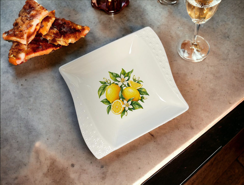 White Ceramic Lemon Platter, Rectangular Serving Tray, 12 Inch
