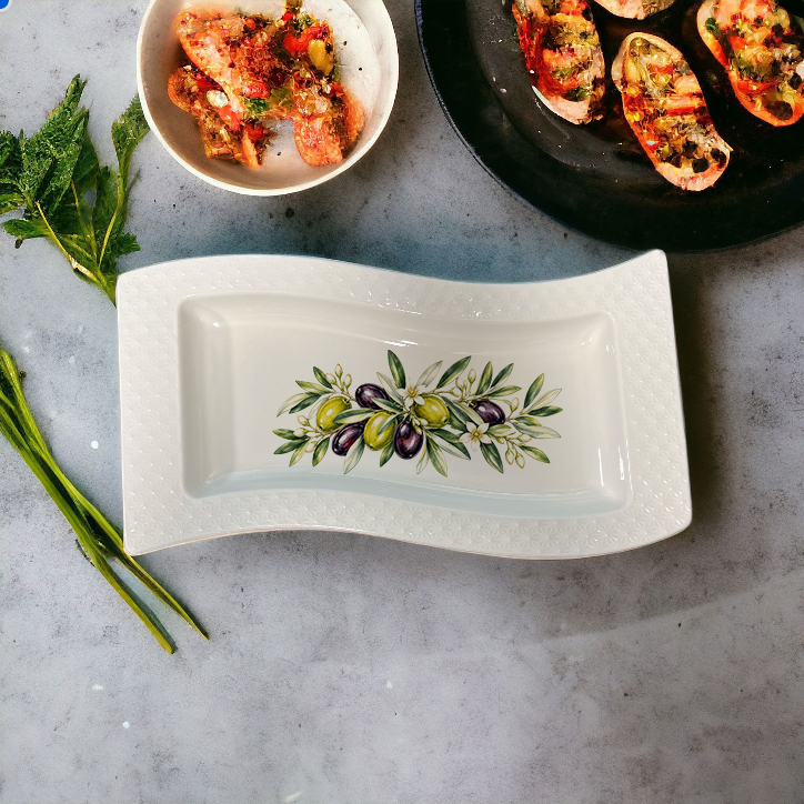 12 Inch White Ceramic Rectangular Olive Leaf Serving Platter