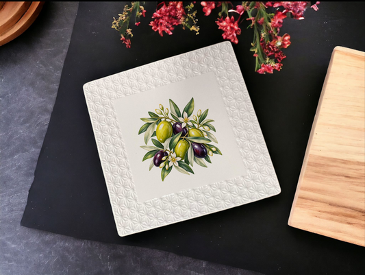 White Ceramic 7x7 Square Appetizer Platter Lemon Design