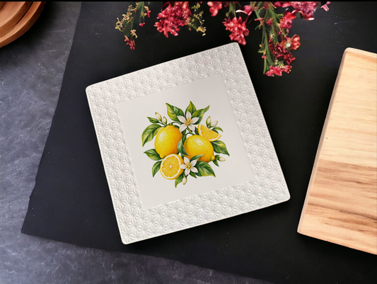 LC546L - White Ceramic square Platter with lemons decor