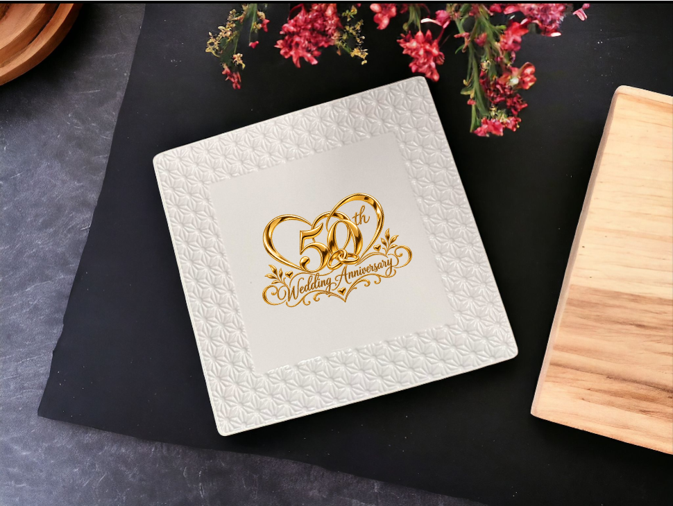 White 7 Inch Square Ceramic Serving Platter With Gold Heart Design