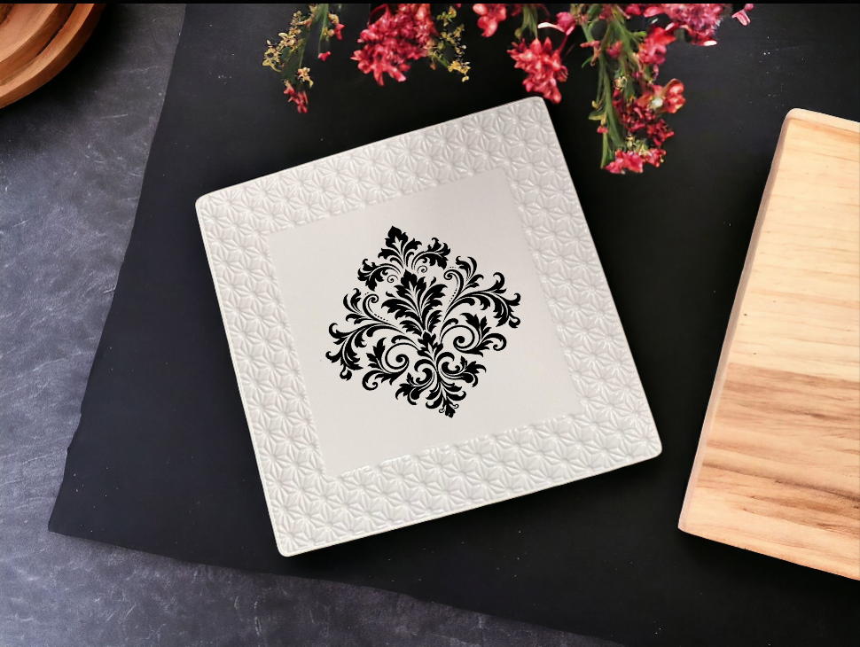 LC566D White Ceramic Square Serving Platter With Damask Decor 7 Inch