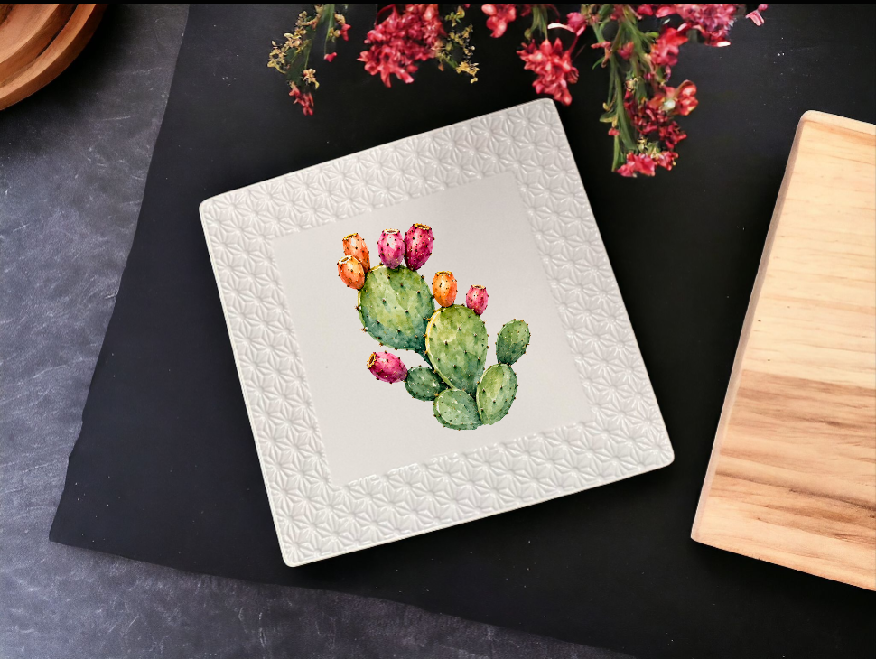 White 7 Inch Square Ceramic Serving Platter Fichi D'India Sicilian Theme Design