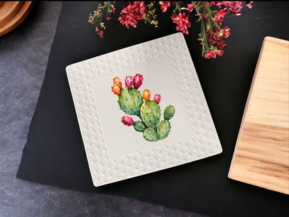 White 7 Inch Square Ceramic Serving Platter Fichi D'India Sicilian Theme Design