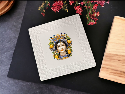 White Ceramic Square Serving Platter 7 Inch Testa Di Moro Design