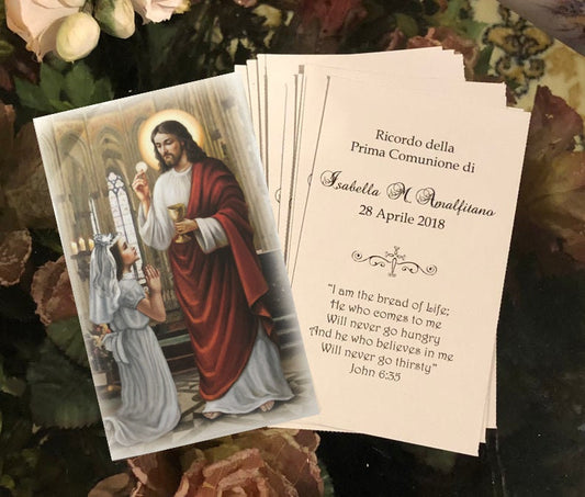 Personalized Italian First Holy Communion Remembrance Cards, Prayer Cards Communion Girl LOT of 8 cards