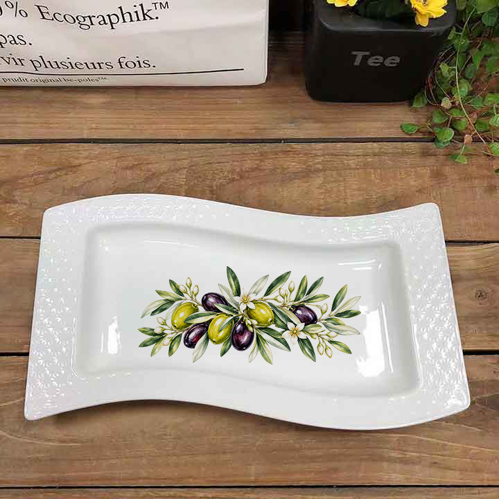 12 Inch White Ceramic Rectangular Olive Leaf Serving Platter