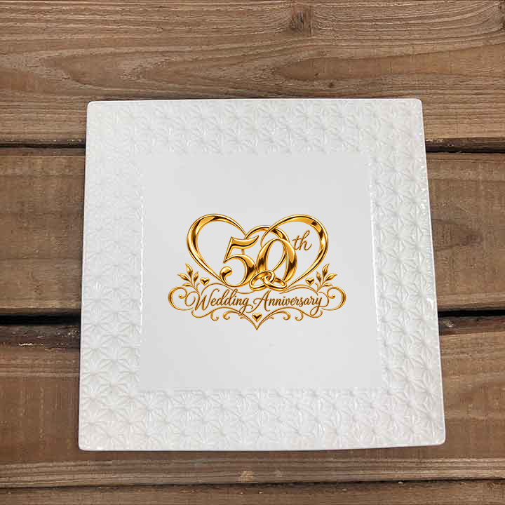 White 7 Inch Square Ceramic Serving Platter With Gold Heart Design