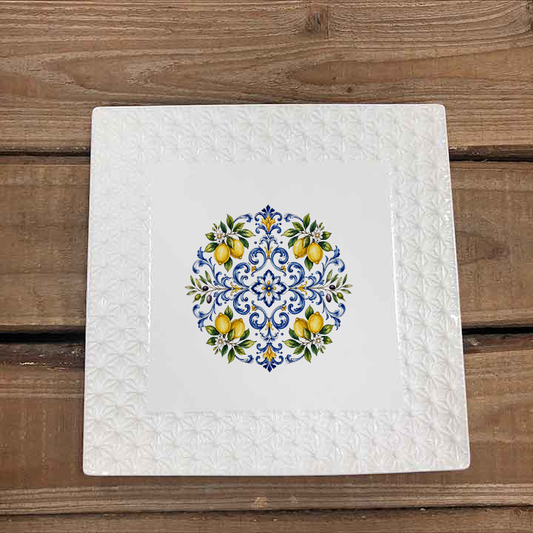 LC546M White Ceramic Square Serving Platter With Decor mediterranean style