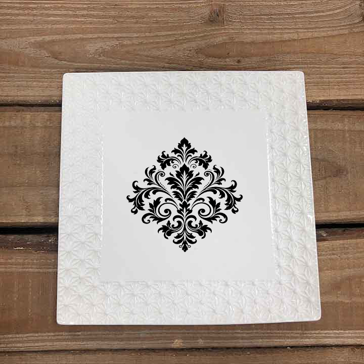 LC566D White Ceramic Square Serving Platter With Damask Decor 7 Inch
