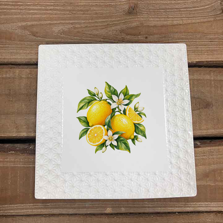 LC546L - White Ceramic square Platter with lemons decor