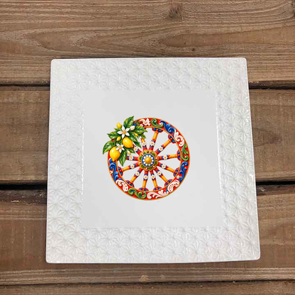 LC566S White Ceramic Square Serving Platter With Sicilian theme Decor 7 Inch