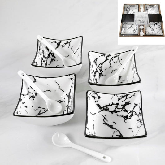 Set of 4 White Ceramic Bowls and 4 spoons