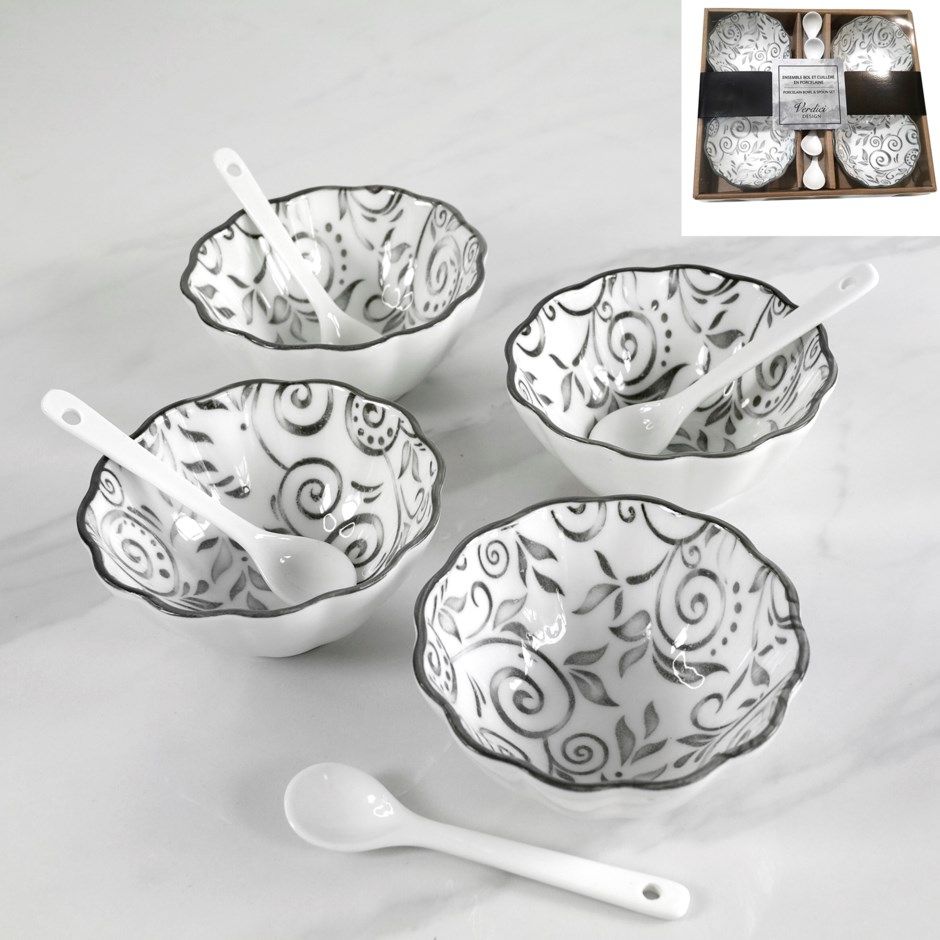 Set of 4 White Ceramic Bowls and 4 spoons