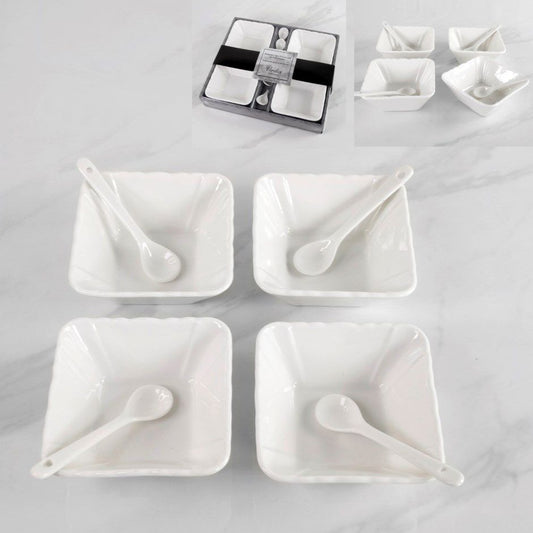 Set of 4 White Ceramic Bowls and 4 Spoons