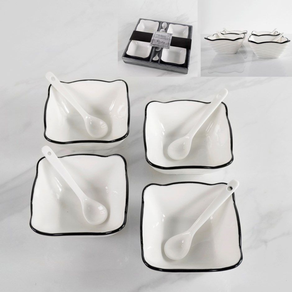 Set of 4 White Ceramic Bowls and 4 Spoons