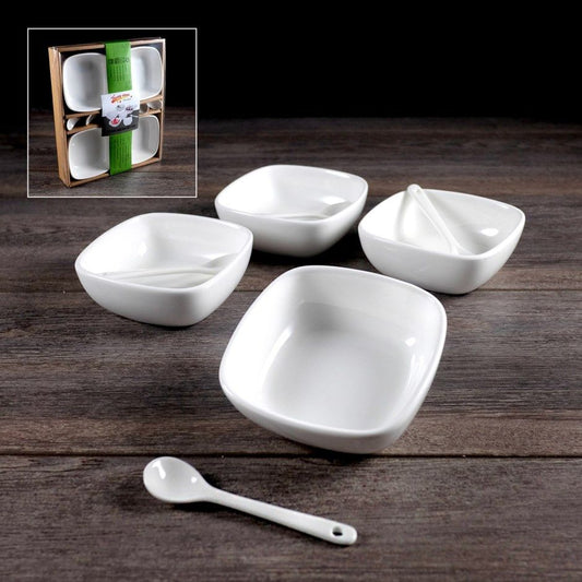 Set of 4 White Ceramic Bowls and 4 Spoons