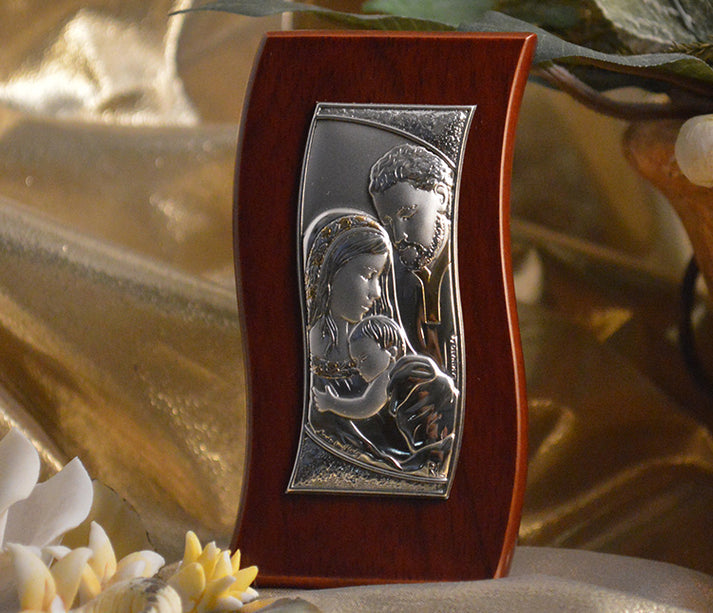 RL460 Italian Silver Holy Family icon on a wood stand – My Italian Favors