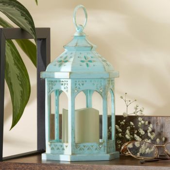 LED Blue Hexagon Distressed Lantern (Set of 2)