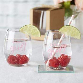 9 oz. Stemless Wine Glass - It's a Girl! (Set of 12)