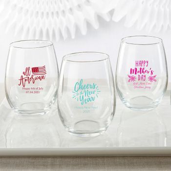 Personalized 15 oz. Stemless Wine Glass - Holiday
