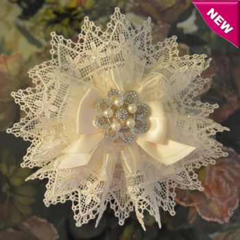 Italian Doily Favor Bomboniere with Rhinestones and Pearls Brooch