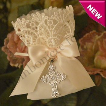 Handmade Italian Pouch Bomboniere with Rhinestone Cross Pendant