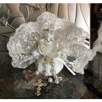 AF607 Italian doily with lace communion baptism favors  with rosary