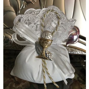 AF612 italian pouch with lace with silver chalice favor First Communion favor