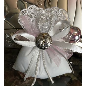 AF613 italian pouch with lace with silver charm favor Baptism Communion
