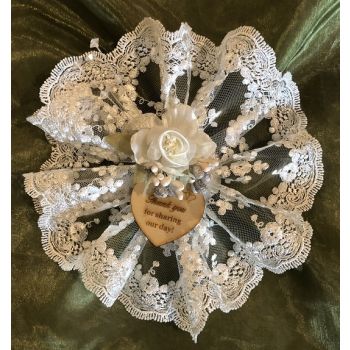AF619 Italian lace doily with craft flower and wooden tag, wedding , communion, bridal shower favors bomboniere