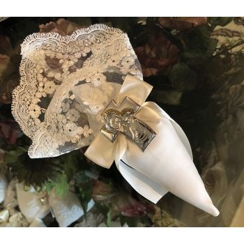 AF628  Italian lace Cone with silver pin cross, wedding , First communion, baptism favors bomboniere