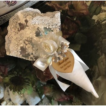 AF631 Italian lace cone with craft flower and wooden tag, wedding , bridal shower favors bomboniere