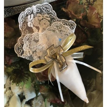 AF632 Italian lace cone with silver cross,  first holy communion favors bomboniere