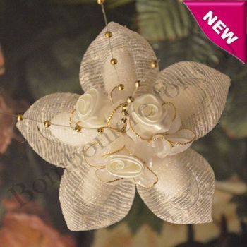 Italian Confetti Flower with Satin Roses and Gold Pearls