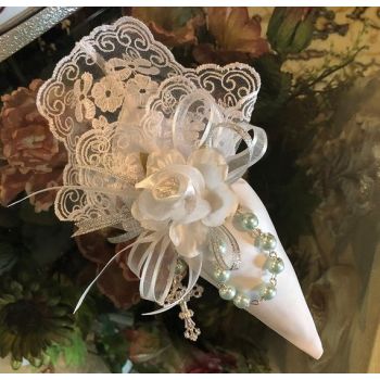 AF629  Italian lace Cone with craft flower and rosary, wedding , communion,baptism favors bomboniere