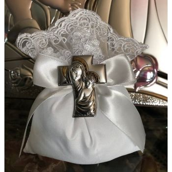 AF609 italian pouch with lace with silver pin cross favor Baptism Communion