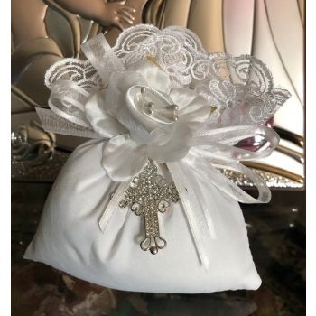 AF611 italian pouch with lace with pendant cross favor Baptism Communion