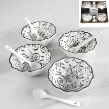 Set of 4 White Ceramic Bowls and  4 spoons 