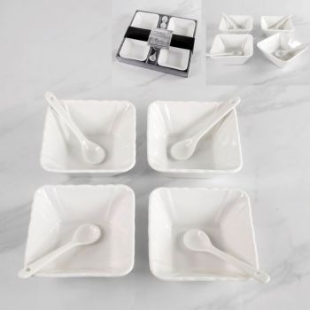 Set of 4 White Ceramic Bowls and  4 spoons 