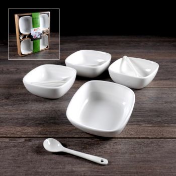 Set of 4 White Ceramic Bowls and  4 spoons 
