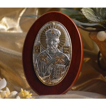 RL1100 Italian Silver Greek Orthodox Saint Nicholas icon on a wood stand 