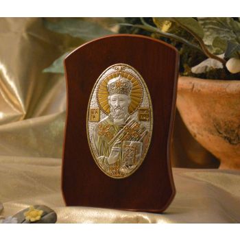 RL1100OL Italian Silver Orthodox Greek Icon Saint Nicholas Made in Italy icon on a wood stand 